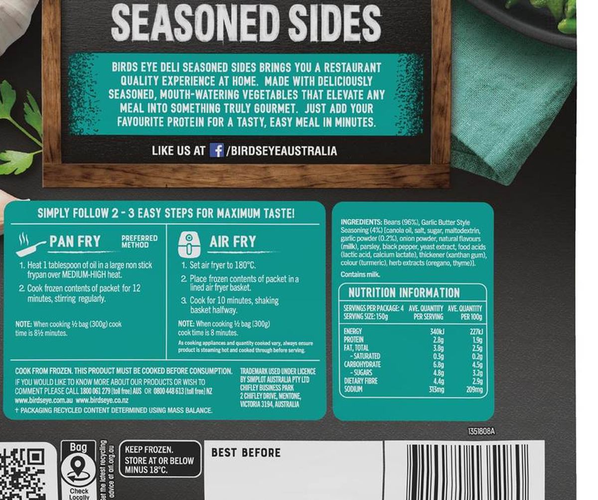 Pack photograph of Birds Eye Deli Frozen Seasoned Sides Garlic Butter Green Beans 600g showing the printed nutrition panel