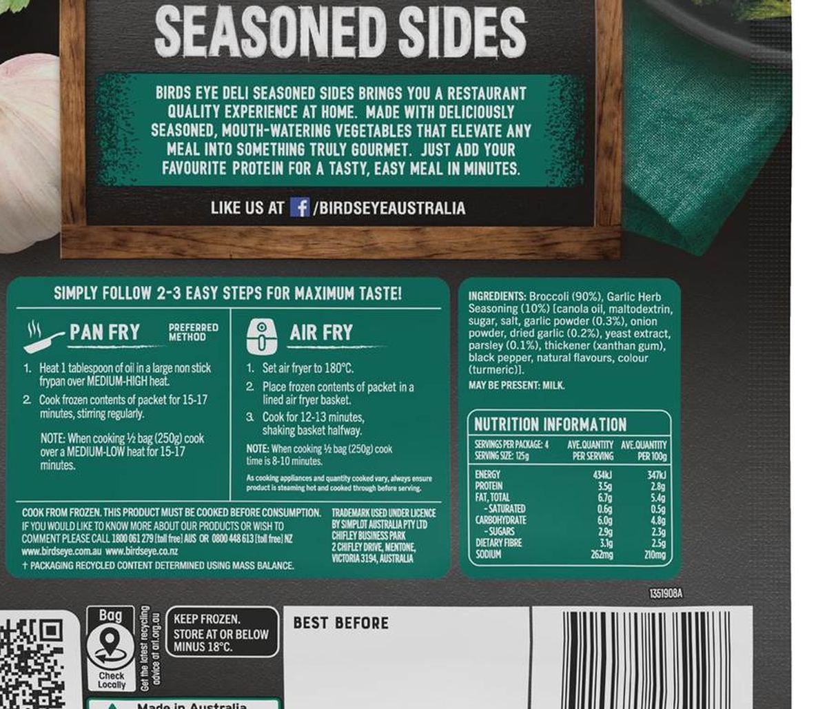Pack photograph of Birds Eye Deli Frozen Seasoned Sides Garlic Herb Broccoli 500g showing the printed nutrition panel