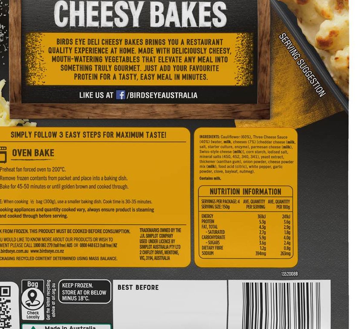 Pack photograph of Birds Eye Deli Cheesy Bakes Three Cheese Cauliflower 600g showing the printed nutrition panel