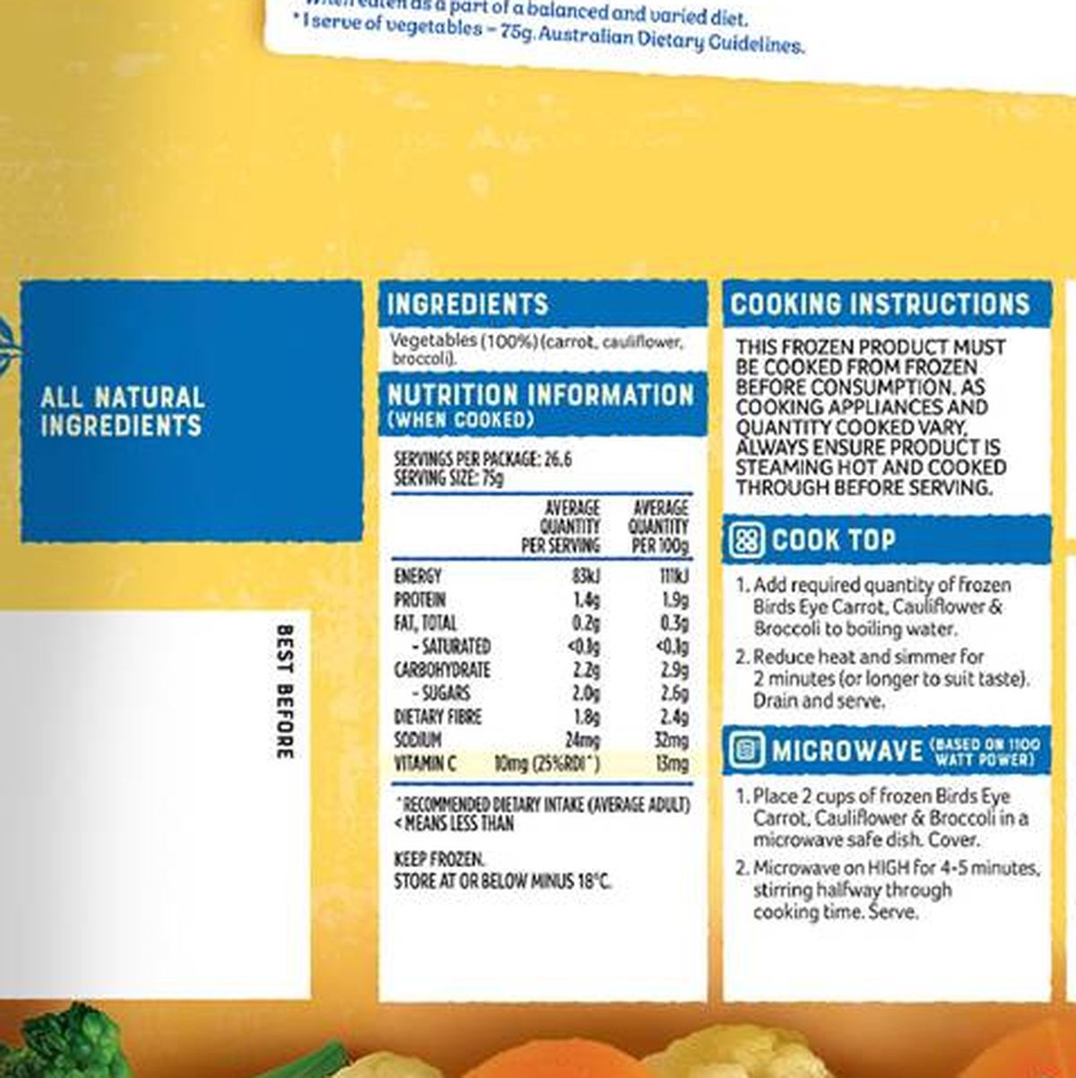 Pack photograph of Birds Eye Frozen Australian Carrot Cauliflower & Broccoli 2kg showing the printed nutrition panel