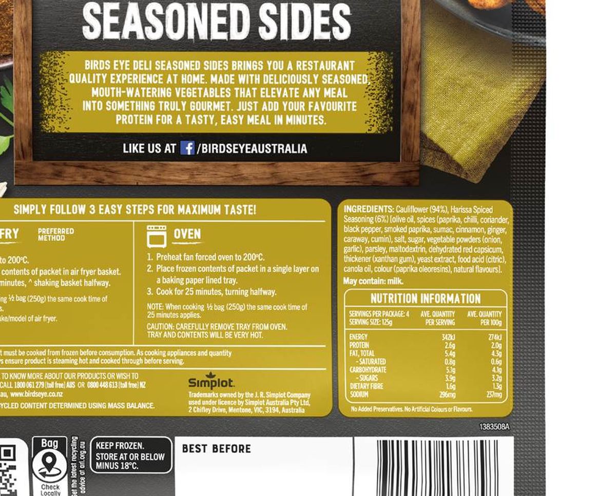 Pack photograph of Birds Eye Deli Frozen Seasoned Sides Harissa Spiced Cauliflower 500g showing the printed nutrition panel
