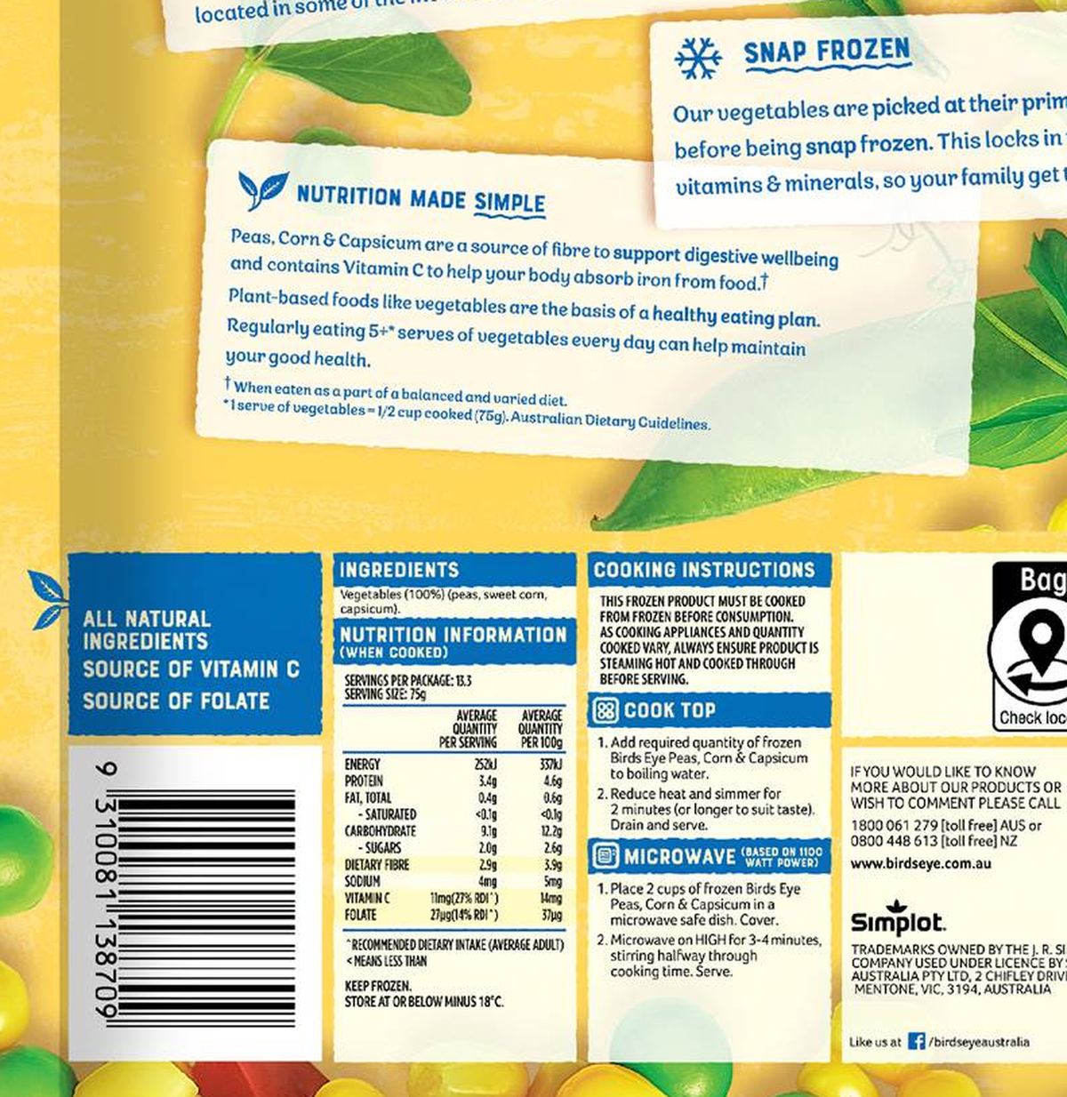 Pack photograph of Birds Eye Frozen Australian Peas Corn & Capsicum 1kg showing the printed nutrition panel