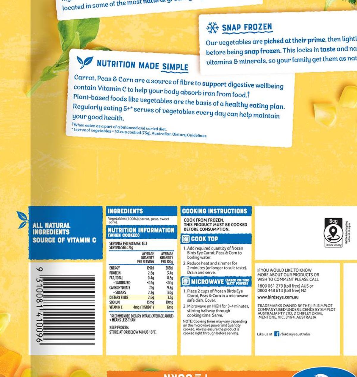 Pack photograph of Birds Eye Frozen Carrot Peas & Corn 1kg showing the printed nutrition panel