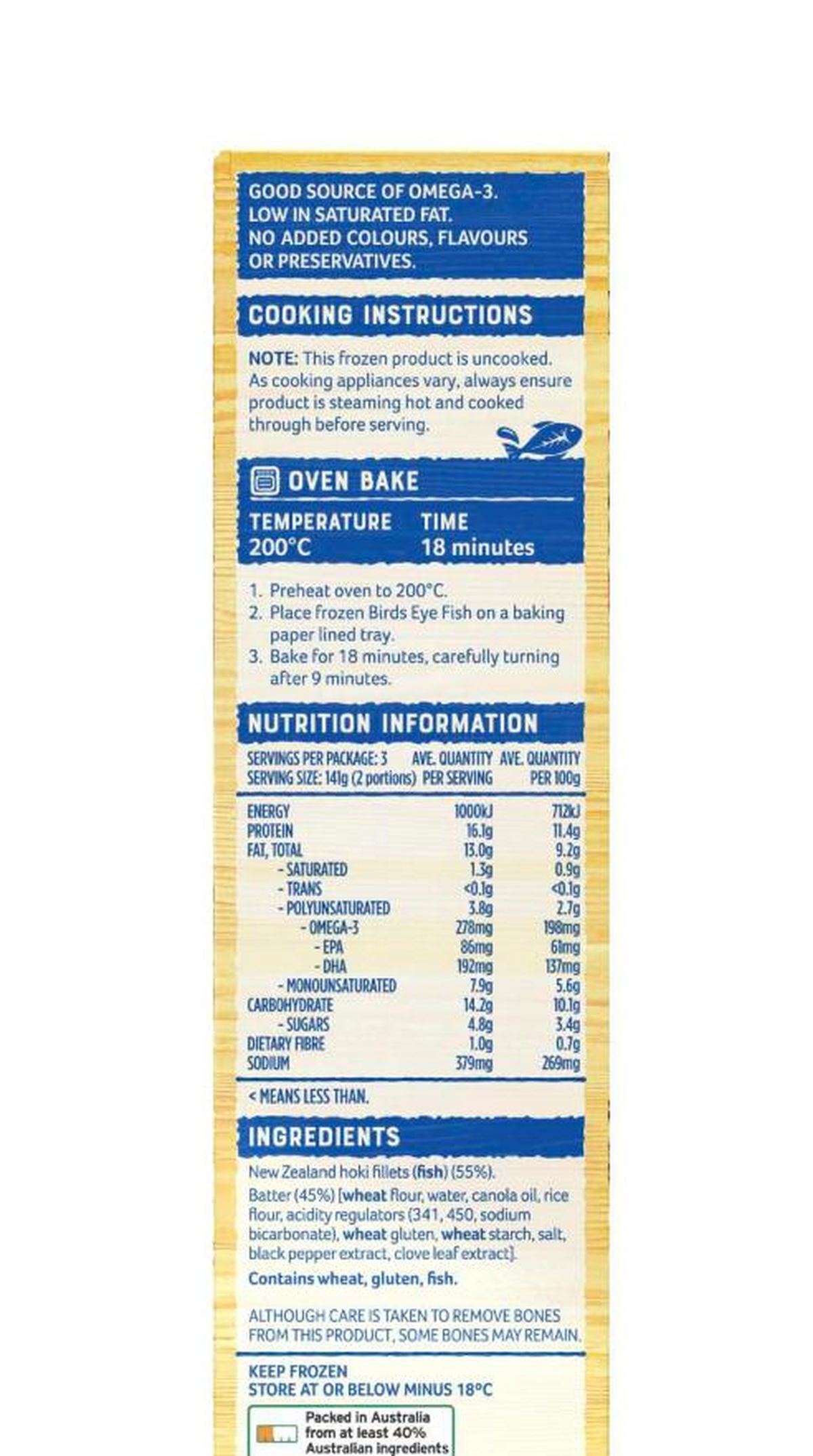 Pack photograph of Birds Eye Oven Bake NZ Hoki Battered Fish Fillets 425g showing the printed nutrition panel