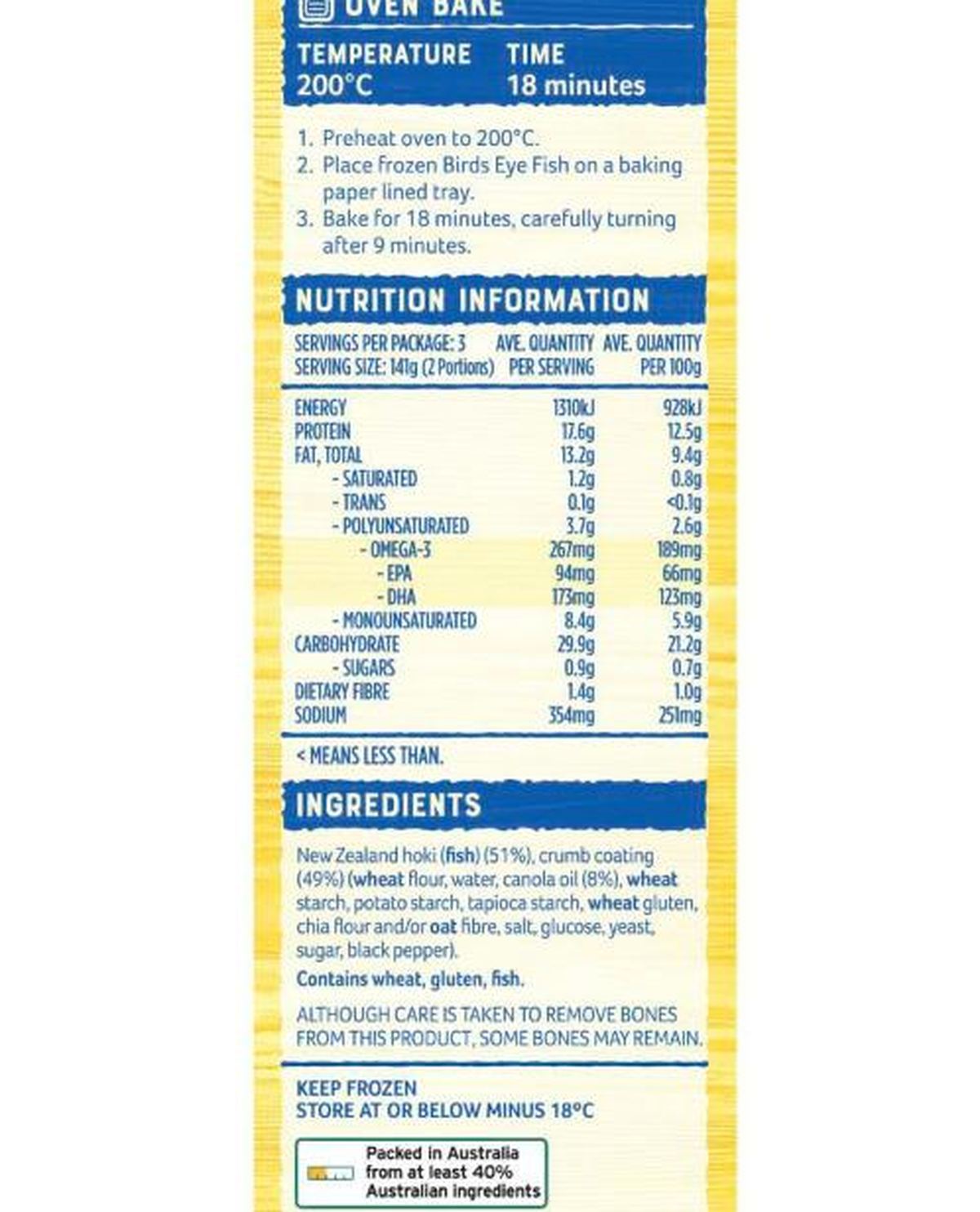 Pack photograph of Birds Eye Oven Bake NZ Hoki Original Crumbed Fish 425g showing the printed nutrition panel