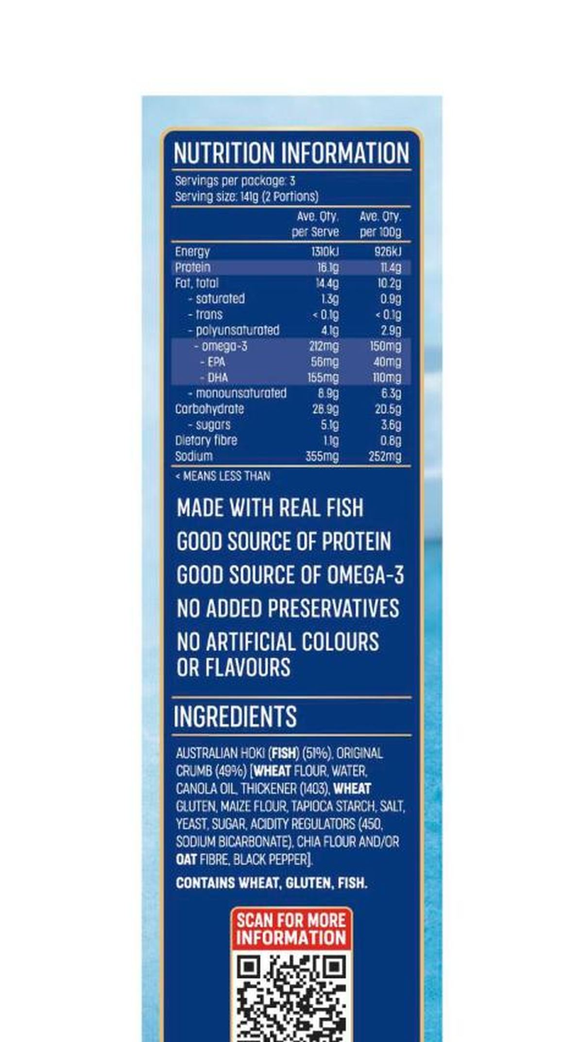 Pack photograph of I&J Australian Hoki Fish Original Crumb 425g showing the printed nutrition panel