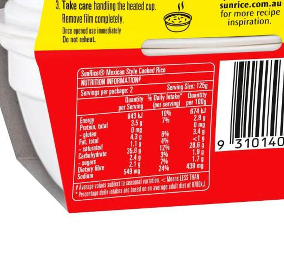Pack photograph of Sunrice Microwave Mexican Flavoured Rice Cups 2x125g 250g showing the printed nutrition panel