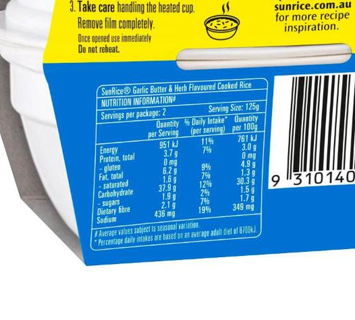 Pack photograph of Sunrice Microwave Garlic Butter & Herb Flavoured Rice 125g x 2 pack showing the printed nutrition panel