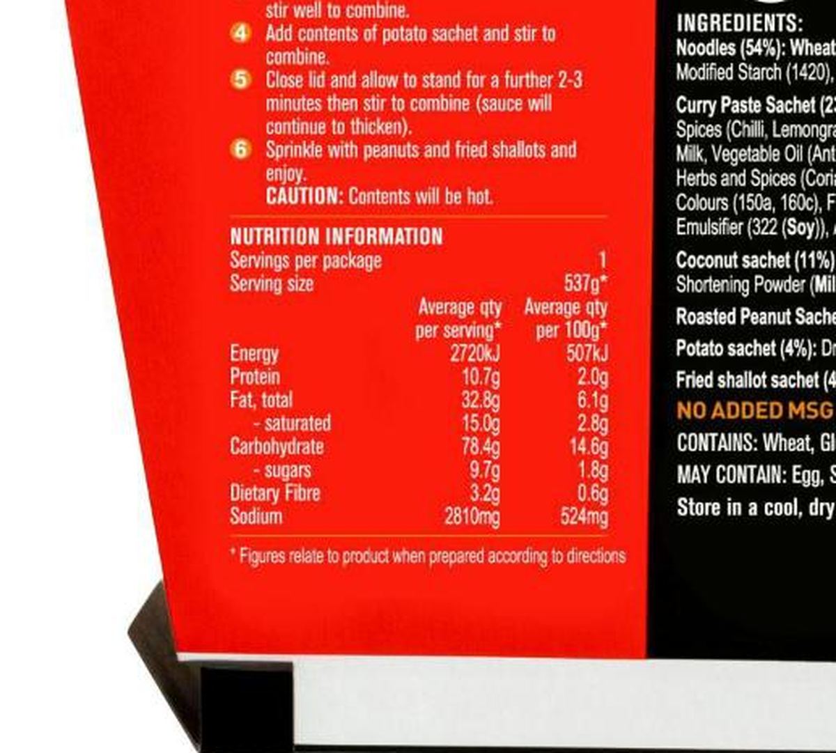 Pack photograph of Suimin Noodles Beef Massaman Curry 137g showing the printed nutrition panel