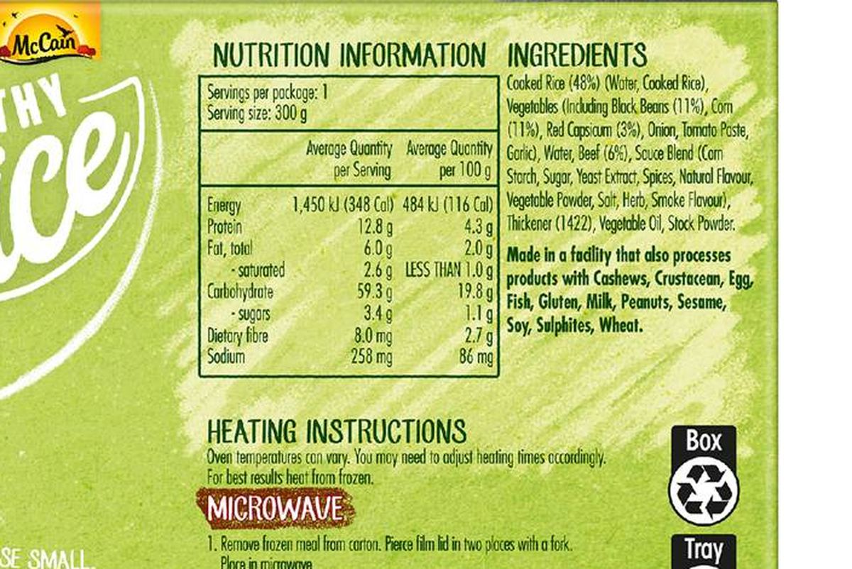 Pack photograph of McCain Healthy Choice Naked Beef Burrito Frozen Meal 300g showing the printed nutrition panel