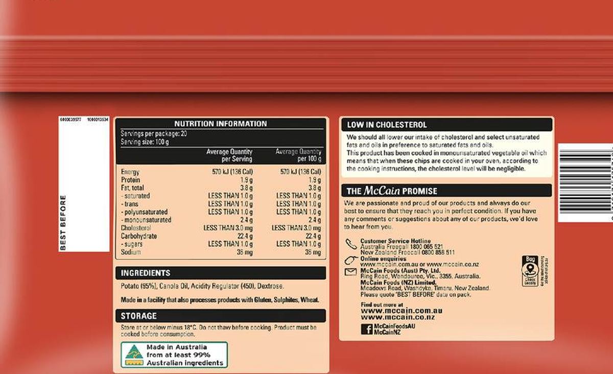Pack photograph of McCain Superfries Shoe String Family 2kg showing the printed nutrition panel