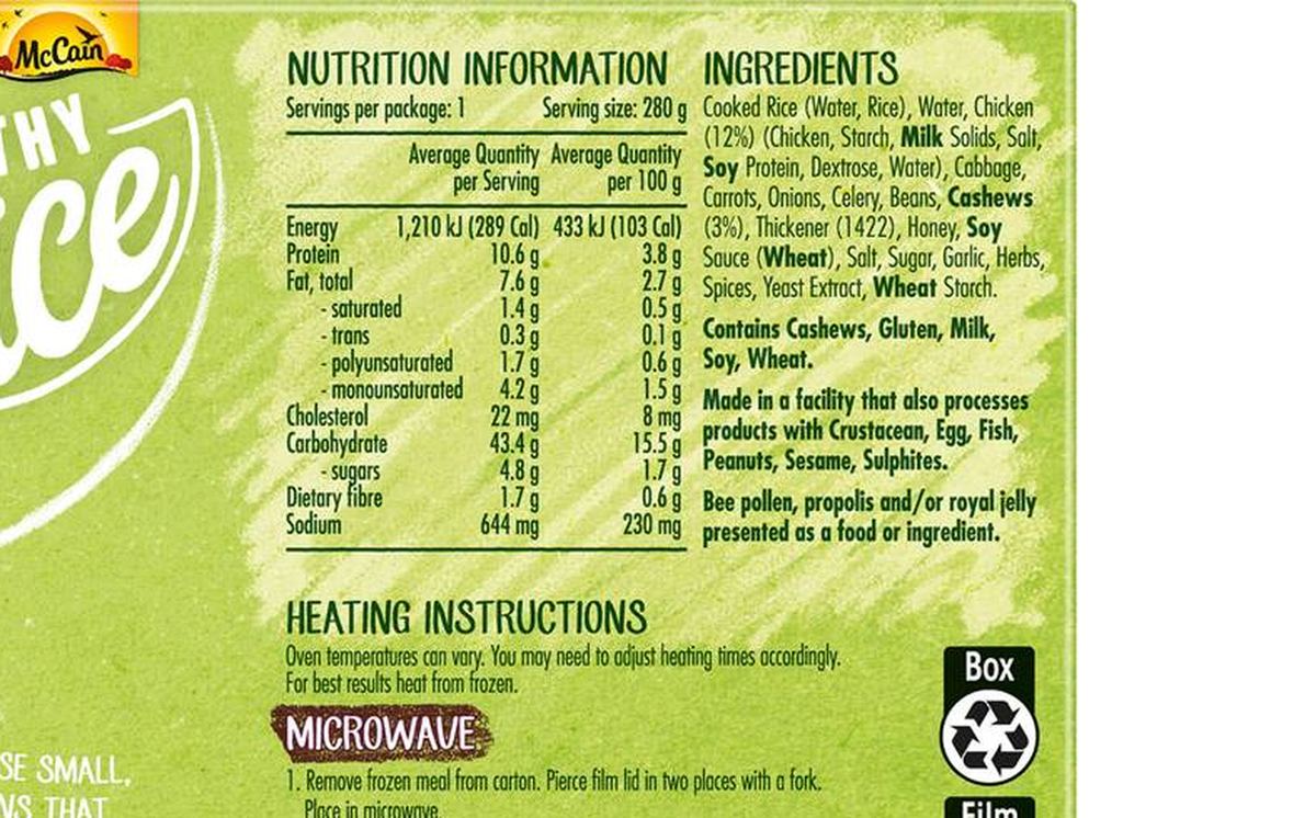 Pack photograph of McCain Healthy Choice Chinese Chicken Cashew Frozen Meal 280g showing the printed nutrition panel
