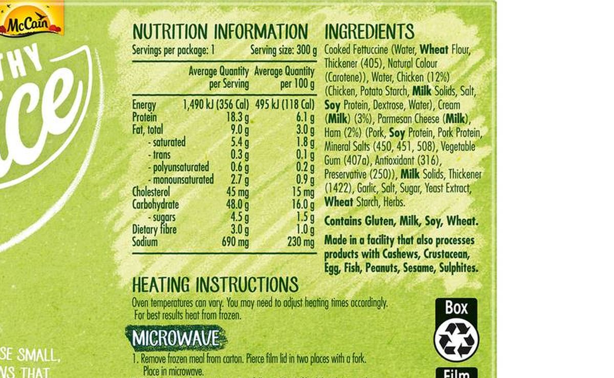 Pack photograph of McCain Healthy Choice Chicken Carbonara Frozen Meal 300g showing the printed nutrition panel