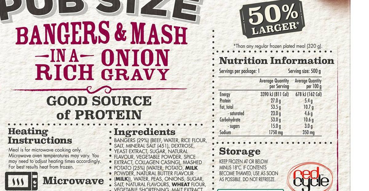 Pack photograph of McCain Pub Size Bangers & Mash Frozen Meal 500g showing the printed nutrition panel
