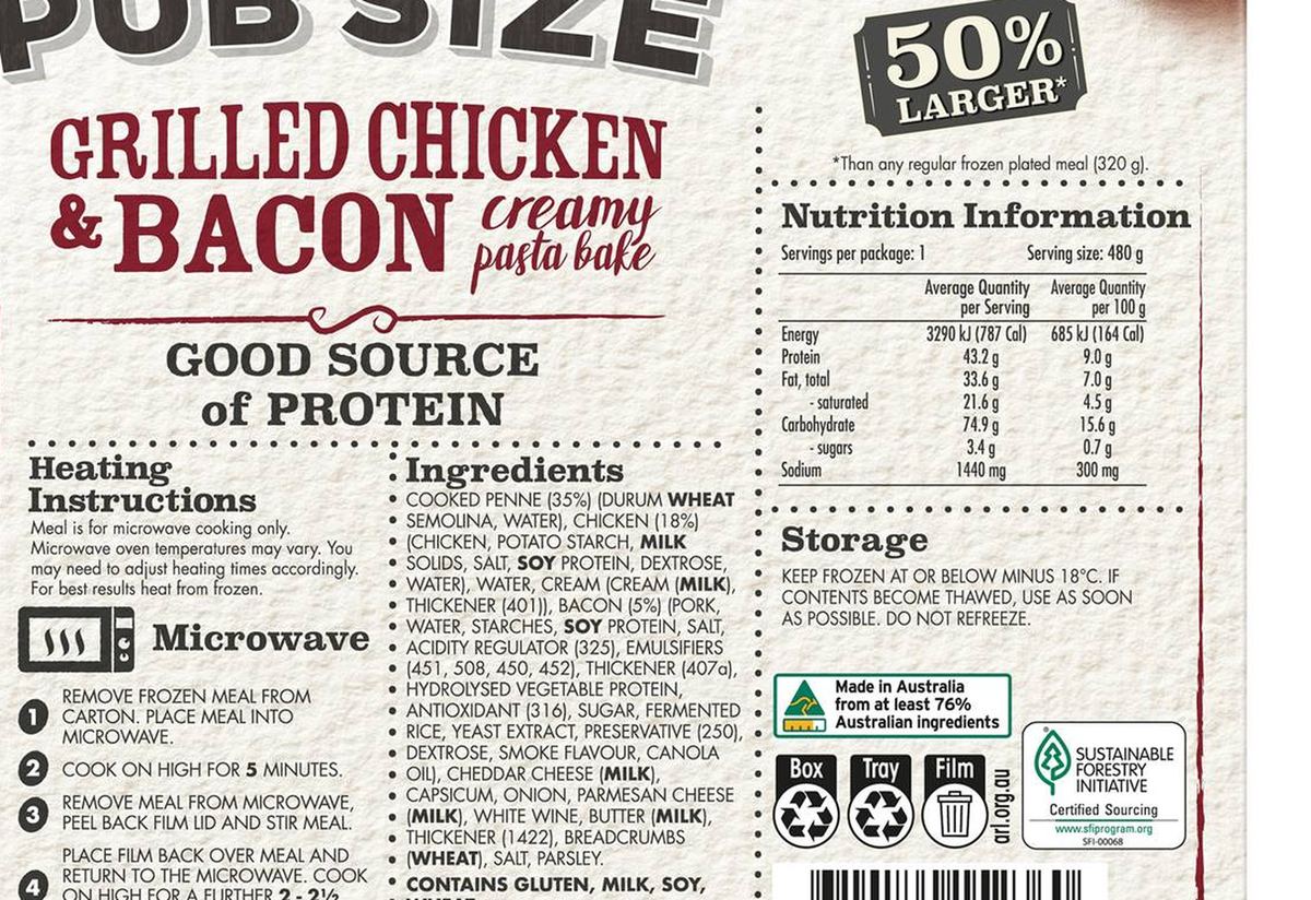 Pack photograph of McCain Pub Size Chicken Bacon Bake Frozen Meal 480g showing the printed nutrition panel