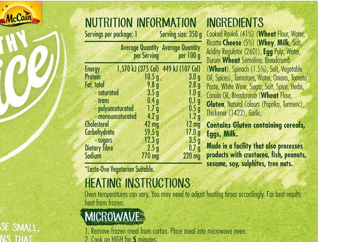 Pack photograph of McCain Spinach & Ricotta Ravioli Healthy Choice Frozen Meal 350g showing the printed nutrition panel