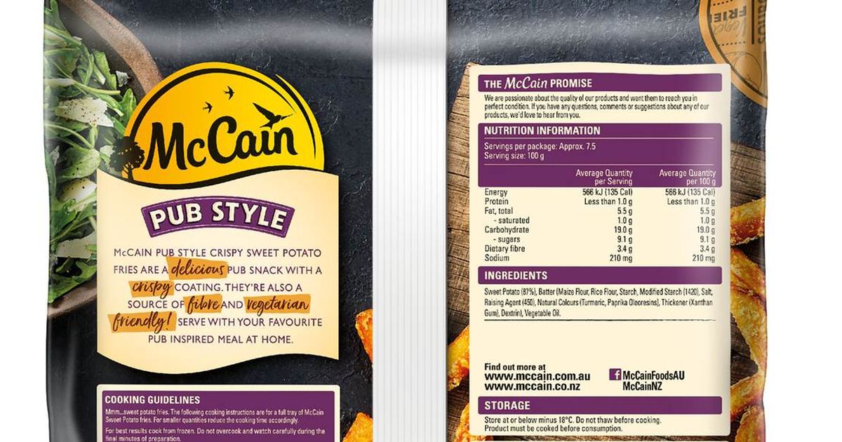 Pack photograph of McCain Straight Sweet Potato Chips 750g showing the printed nutrition panel