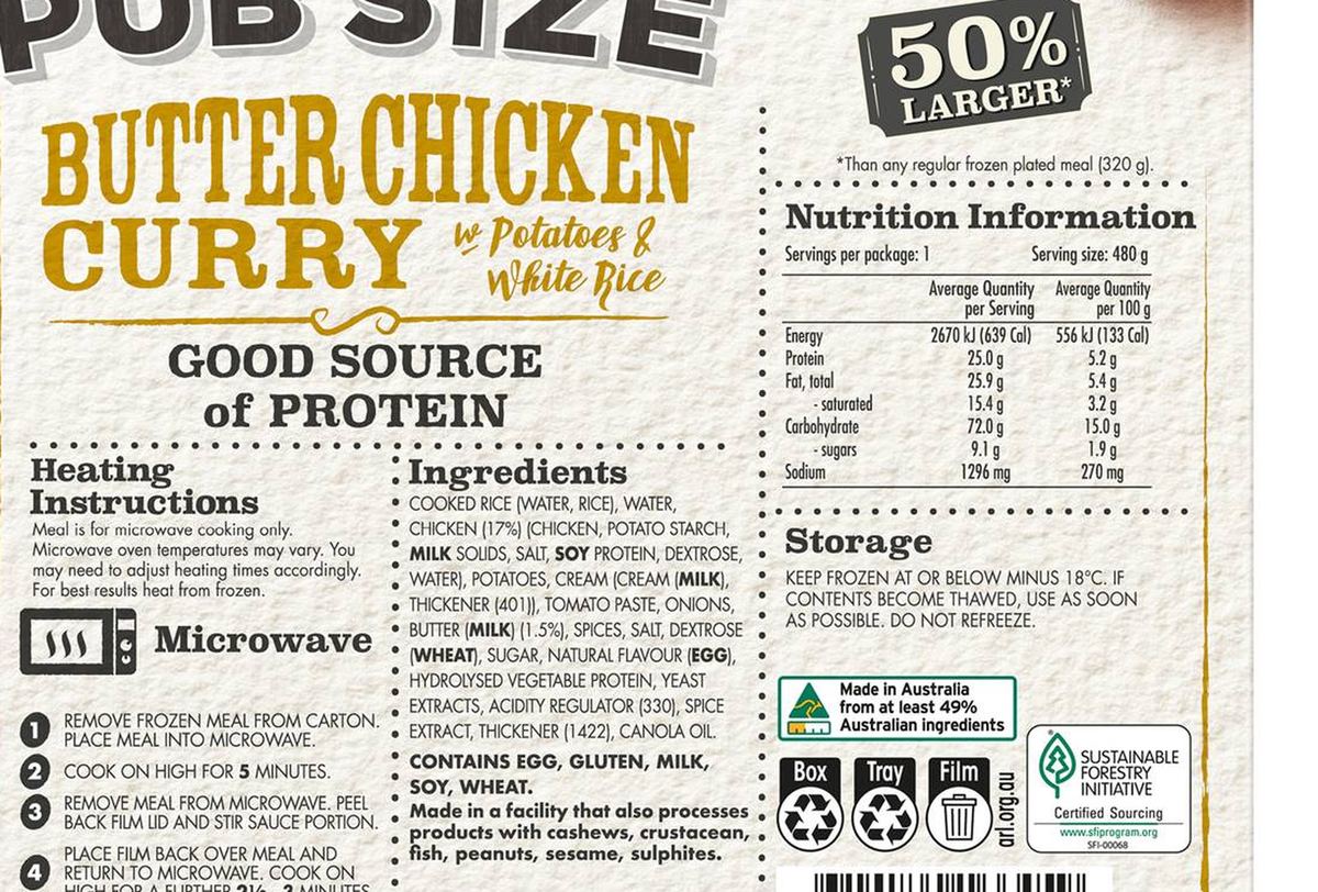 Pack photograph of McCain Pub Size Butter Chicken Frozen Meal 480g showing the printed nutrition panel