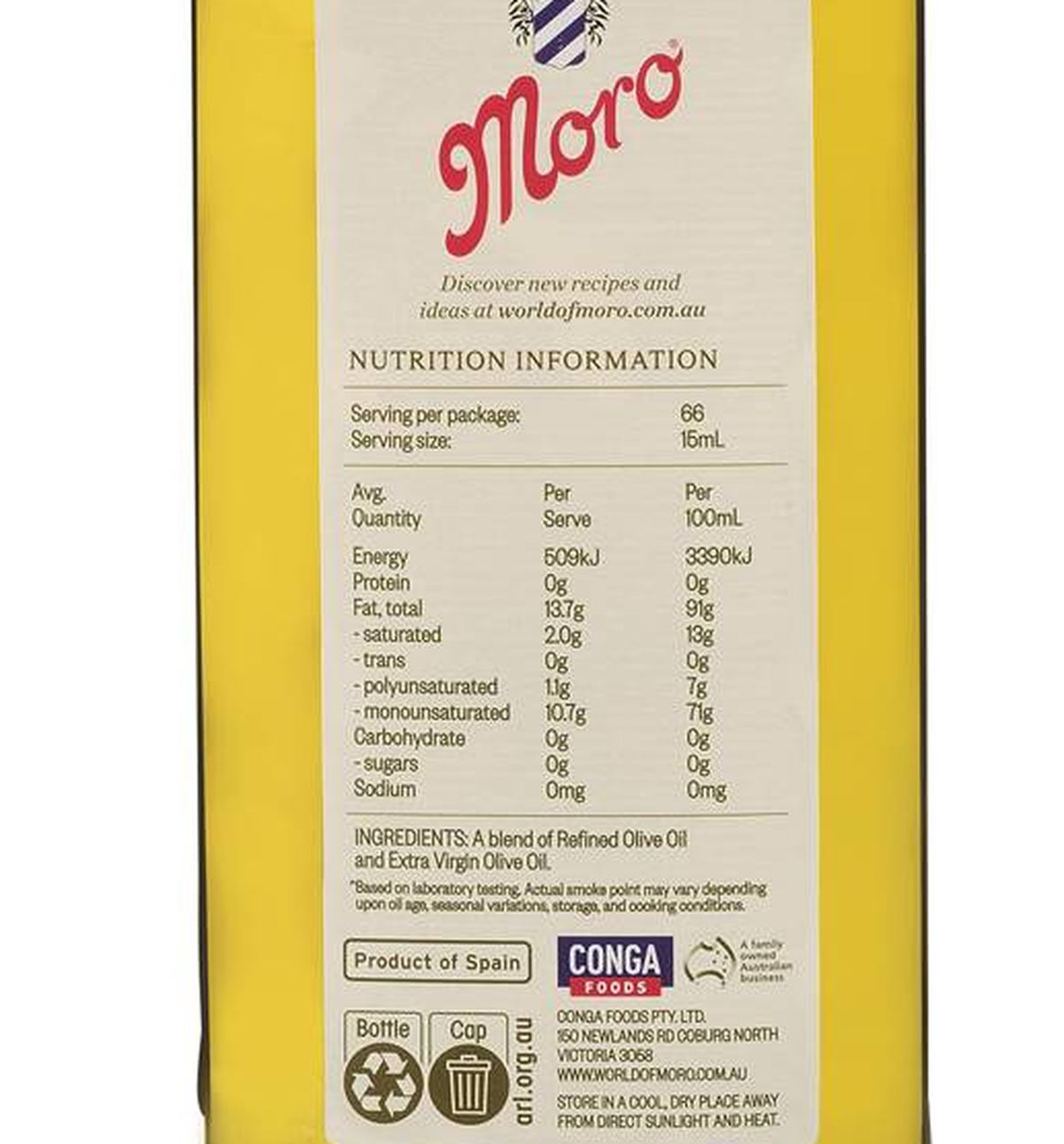 Pack photograph of Moro Delicado Light Taste Olive Oil 1L showing the printed nutrition panel