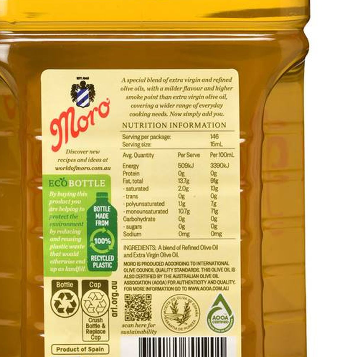 Pack photograph of Moro Tradicional Mild Taste Olive Oil 2.2L showing the printed nutrition panel