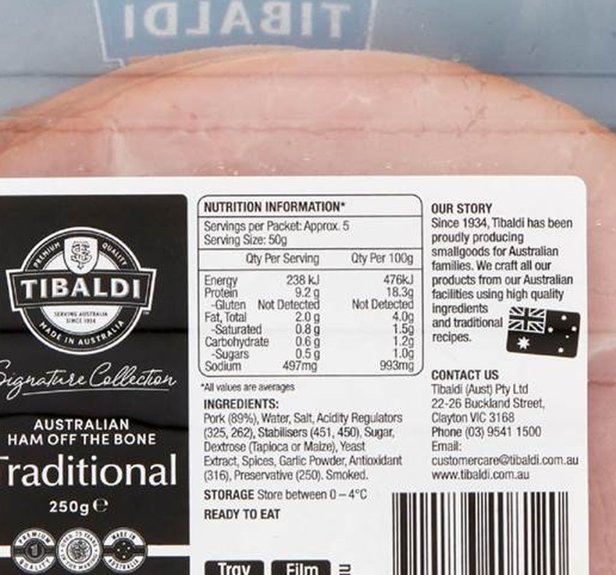 Pack photograph of Tibaldi Signature Ham Off The Bone Traditional 250g showing the printed nutrition panel