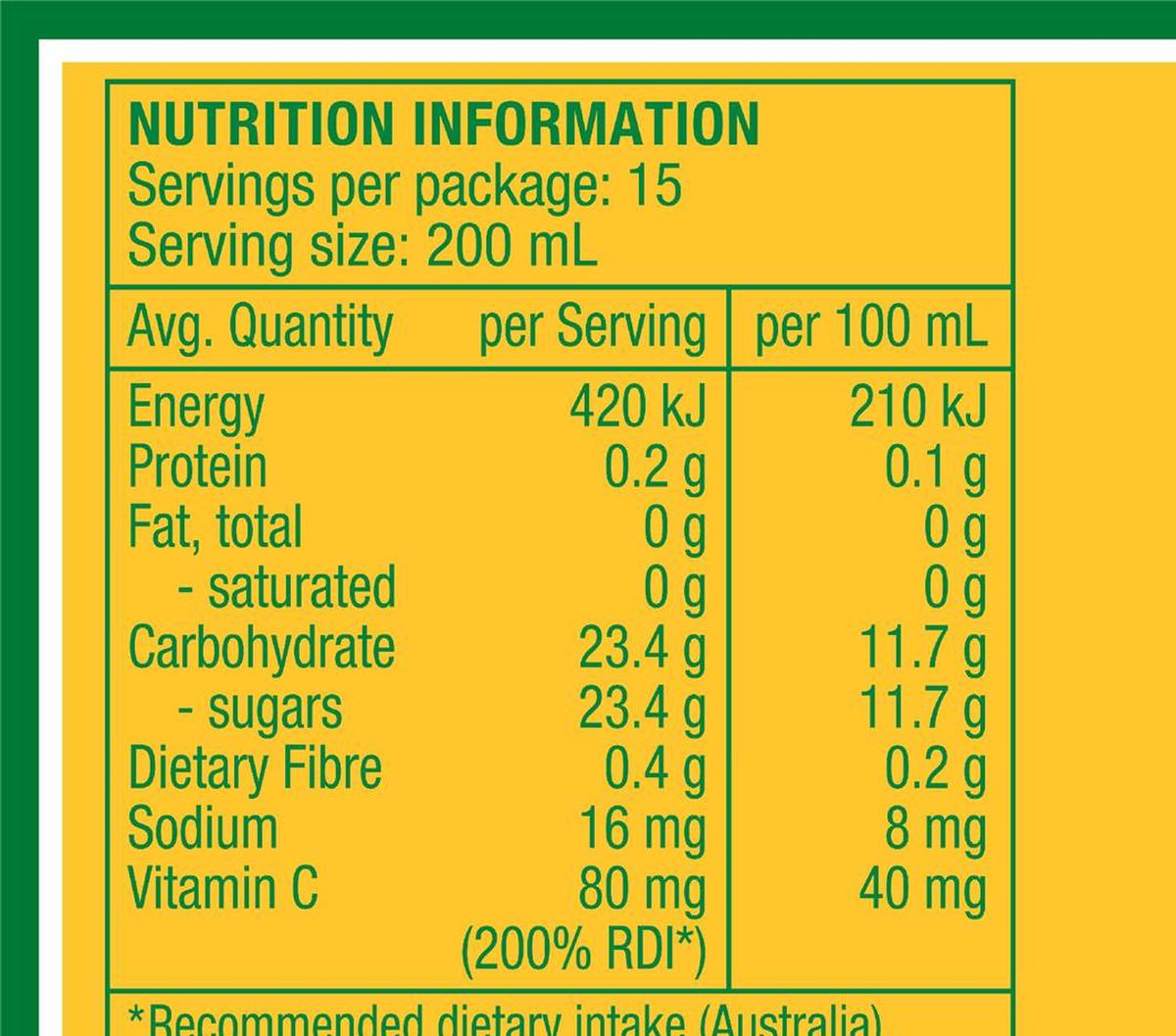 Pack photograph of Golden Circle Apple Fruit Juice 3L showing the printed nutrition panel