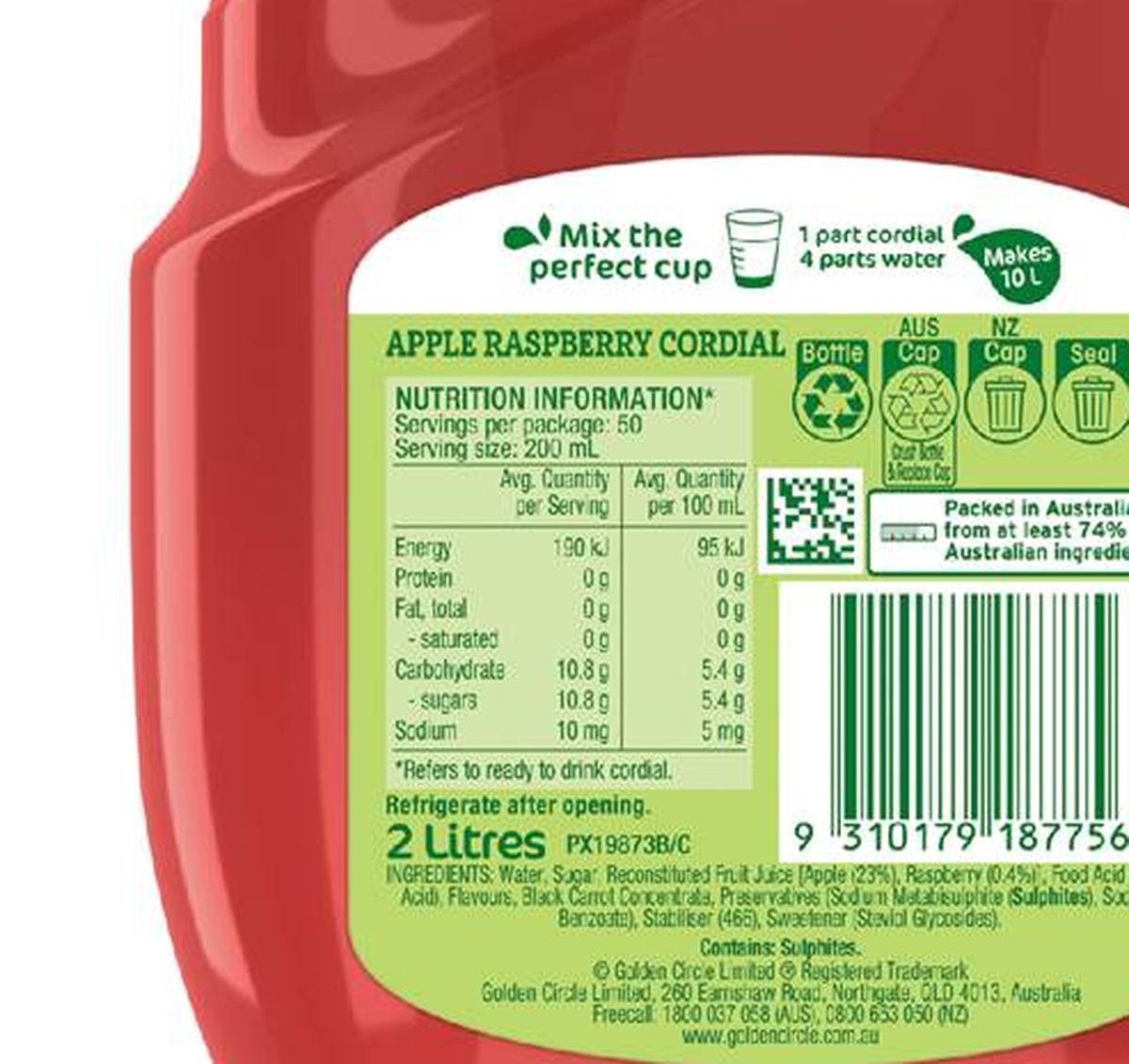 Pack photograph of Golden Circle Apple Raspberry Cordial 2L showing the printed nutrition panel