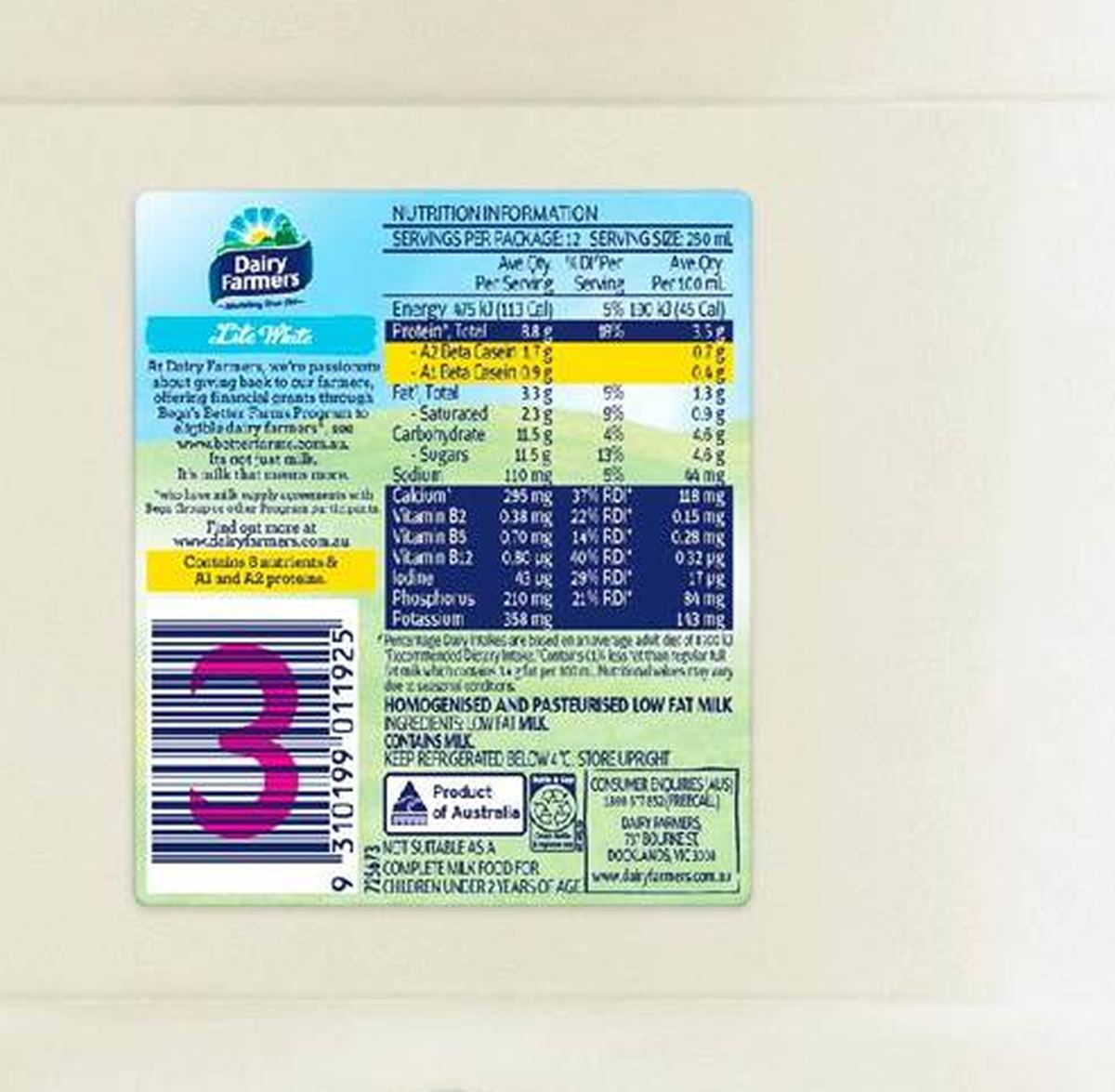 Pack photograph of Dairy Farmers Lite White Milk 3L showing the printed nutrition panel
