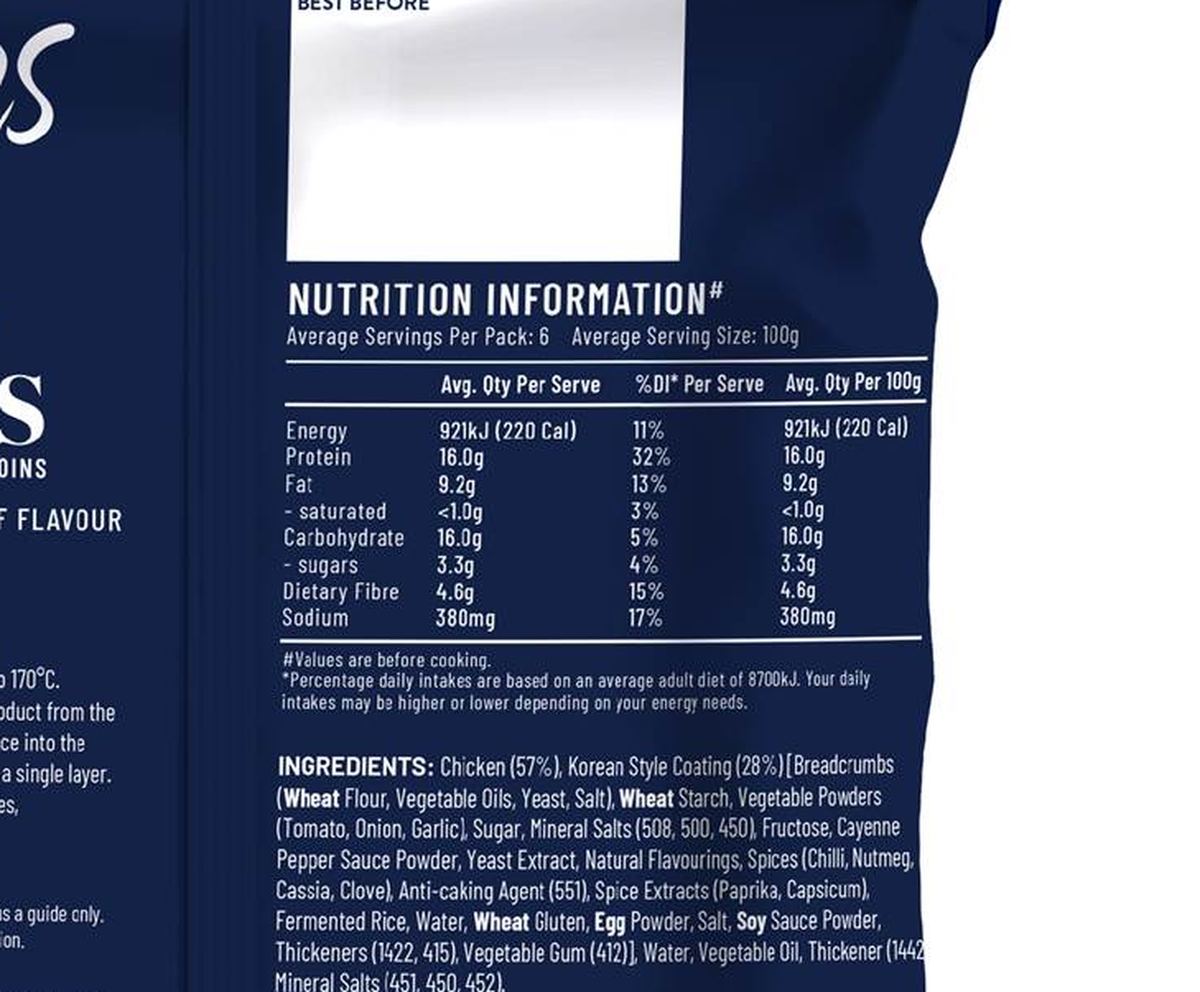 Pack photograph of Steggles Chicken Tenders Korean Style 600g showing the printed nutrition panel