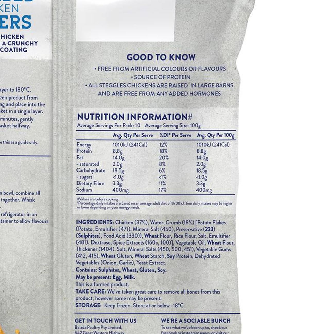 Pack photograph of Steggles Chicken Fingers Crumbed 1kg showing the printed nutrition panel
