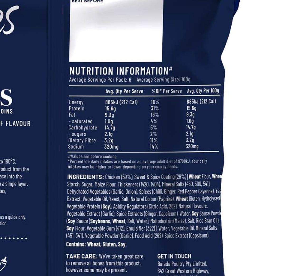 Pack photograph of Steggles Chicken Tenders Sweet & Spicy 600g showing the printed nutrition panel
