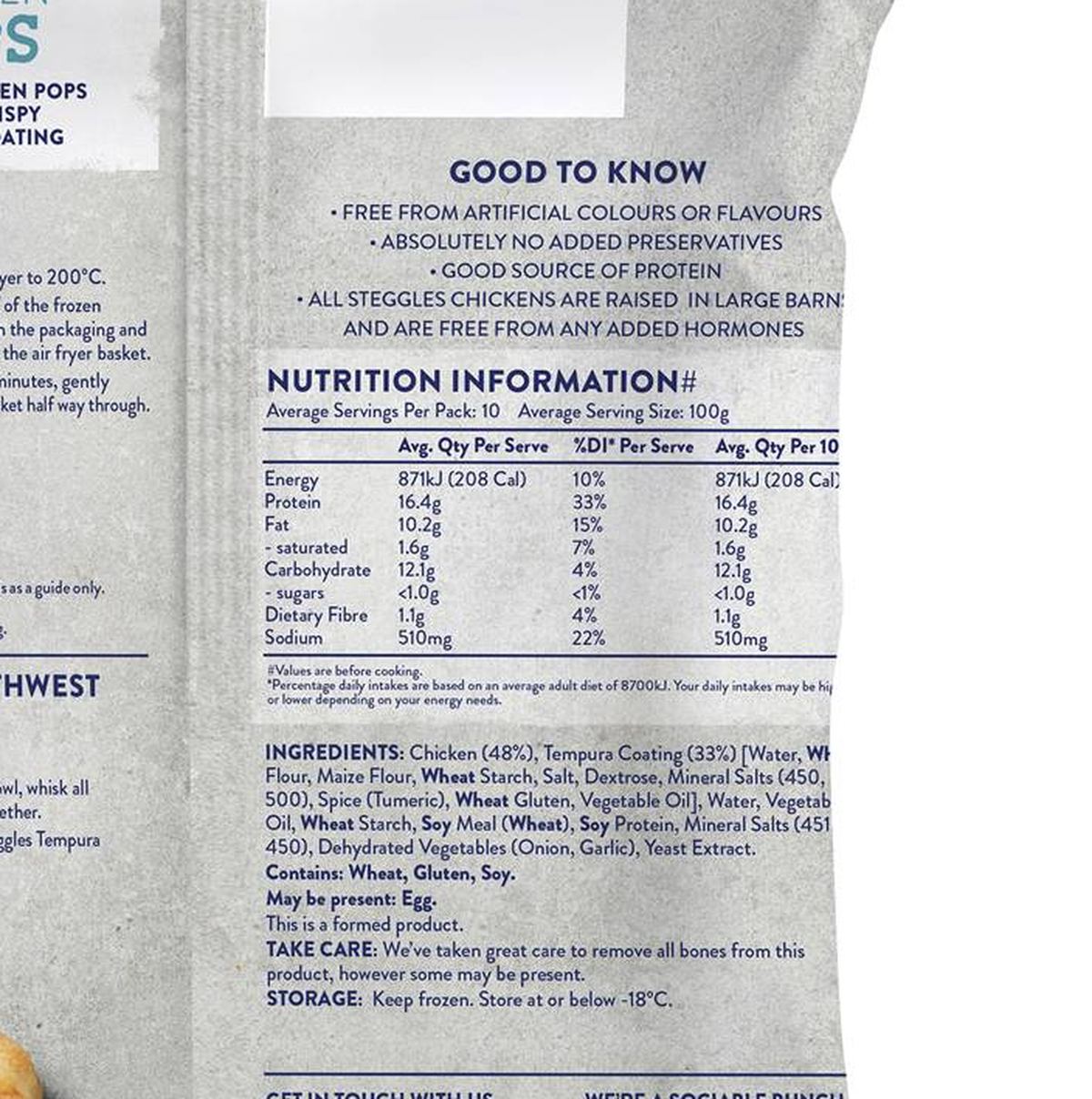 Pack photograph of Steggles Chicken Pops Tempura 1kg showing the printed nutrition panel