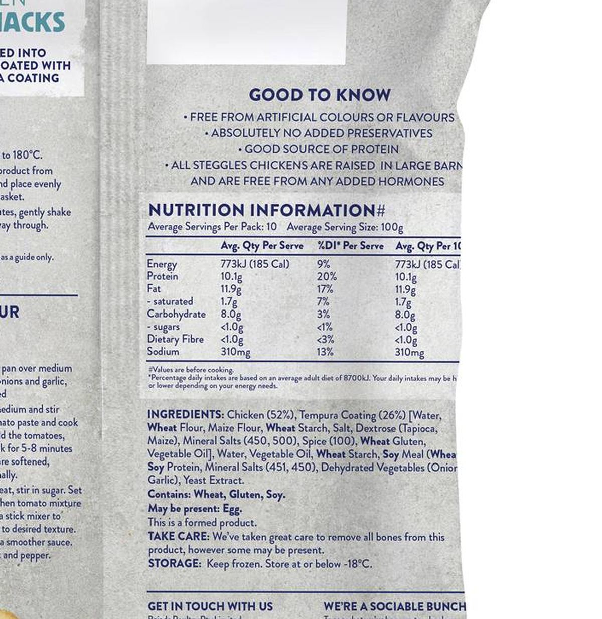 Pack photograph of Steggles Chicken Dino Snacks Tempura 1kg showing the printed nutrition panel