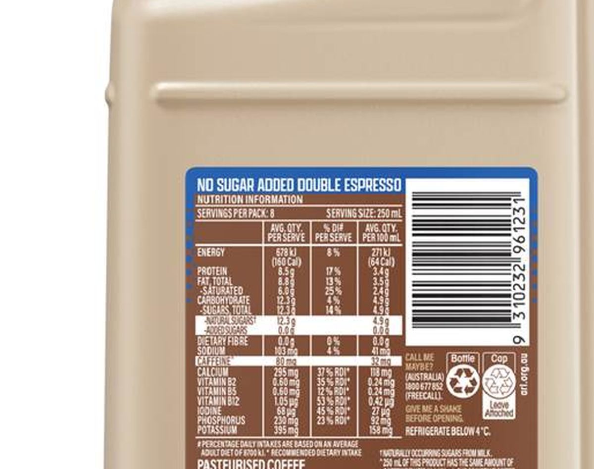 Pack photograph of Dare No Added Sugar Double Espresso Iced Coffee 2L showing the printed nutrition panel