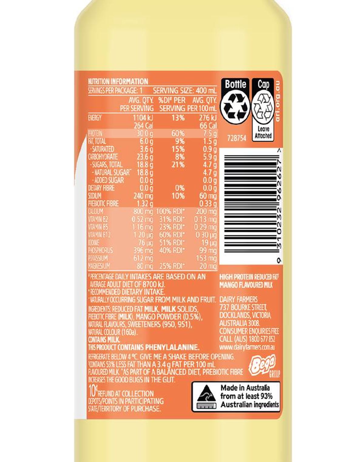 Pack photograph of Dairy Farmers Protein Smoothie Mango 400mL showing the printed nutrition panel