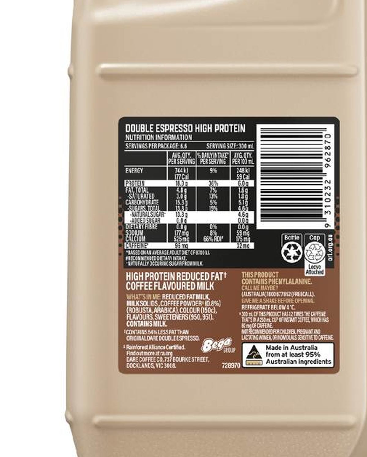 Pack photograph of Dare Protein No Sugar Added Double Espresso Milk 2L showing the printed nutrition panel