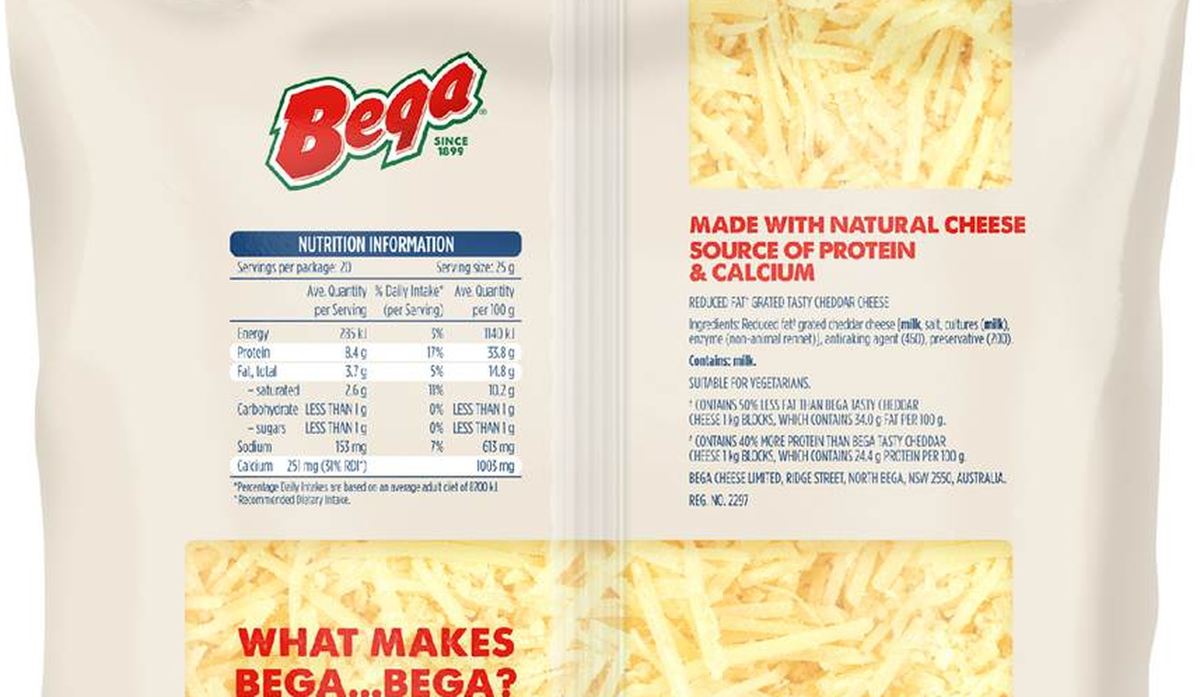 Pack photograph of Bega Protein Tasty Cheese Grated 500g showing the printed nutrition panel