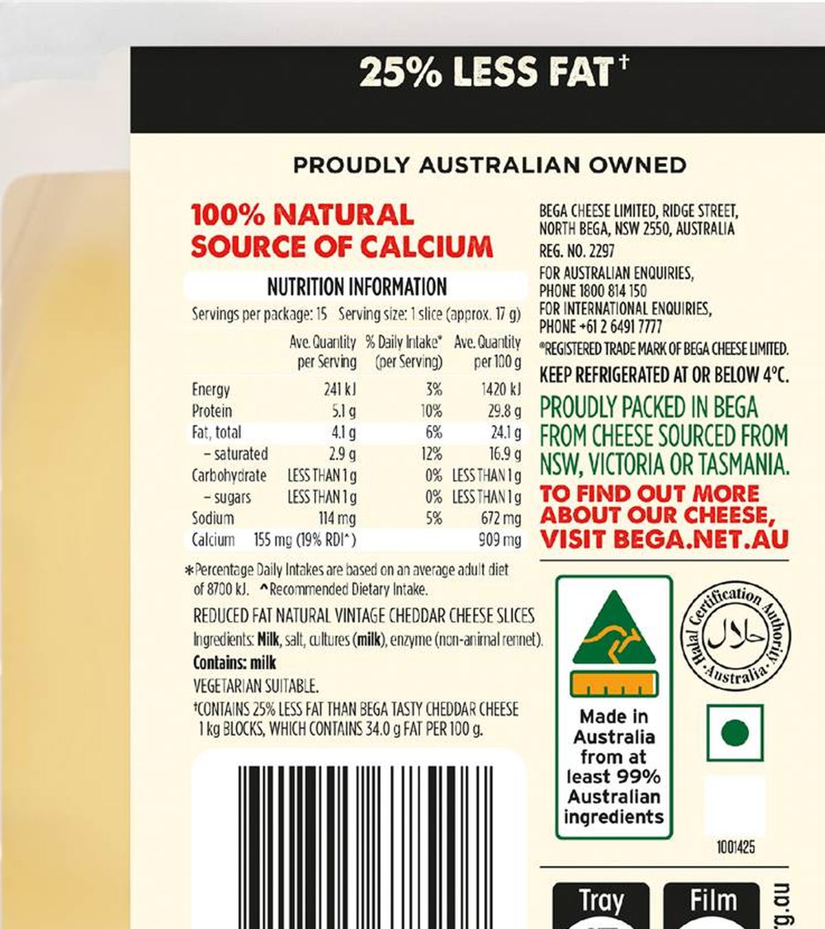 Pack photograph of Bega Reduced Fat Cheese Slices Light Vintage 25% 250g showing the printed nutrition panel