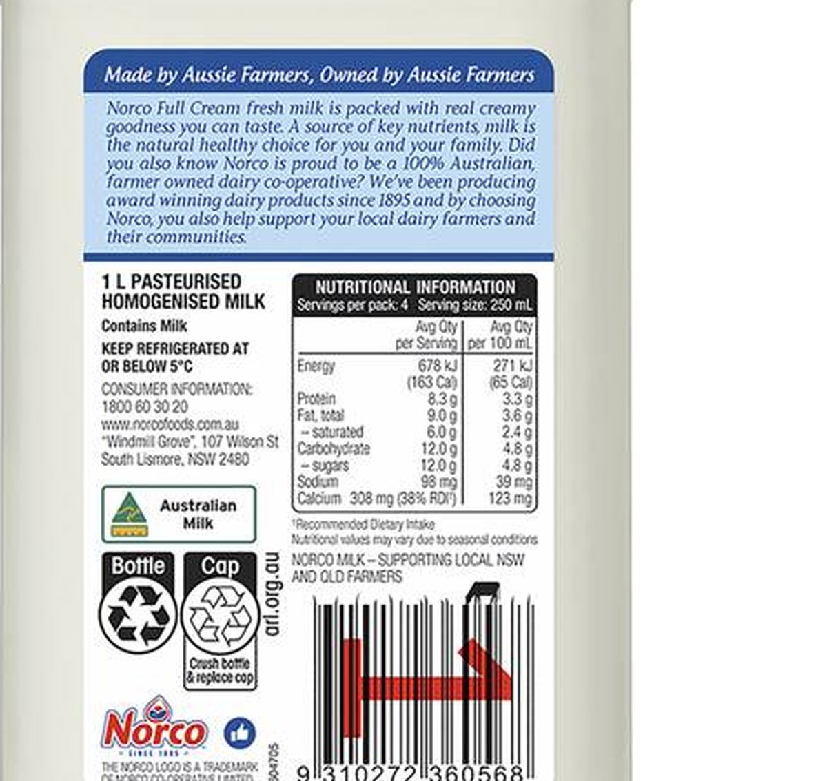 Pack photograph of Norco Full Cream Milk 1L showing the printed nutrition panel