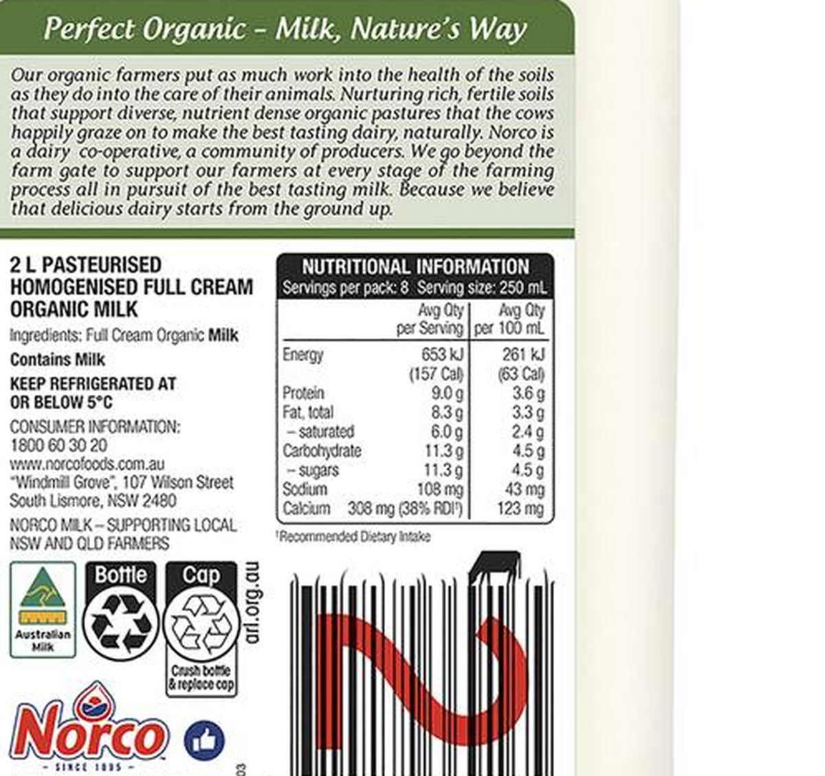 Pack photograph of Norco Organic Milk 2L showing the printed nutrition panel