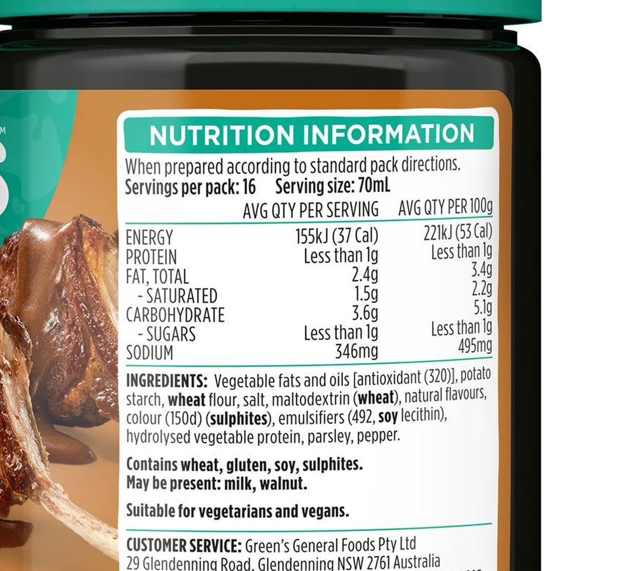 Pack photograph of Green's Gravy Granules Traditional 120g showing the printed nutrition panel