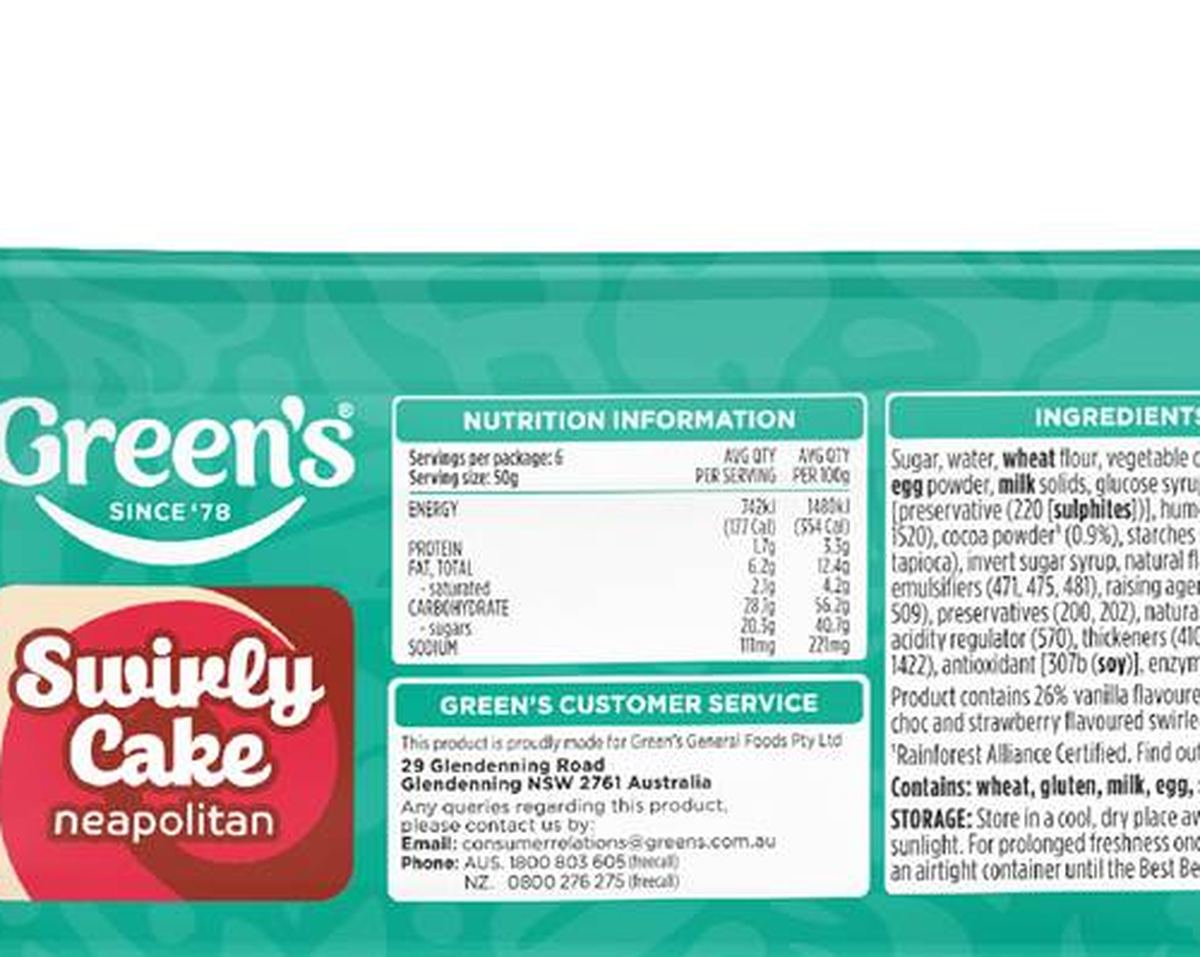 Pack photograph of Green's Swirly Neapolitan Cake 300g showing the printed nutrition panel