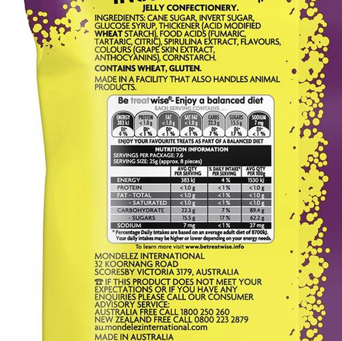 Pack photograph of Sour Patch Kids Berry Lollies 190g showing the printed nutrition panel