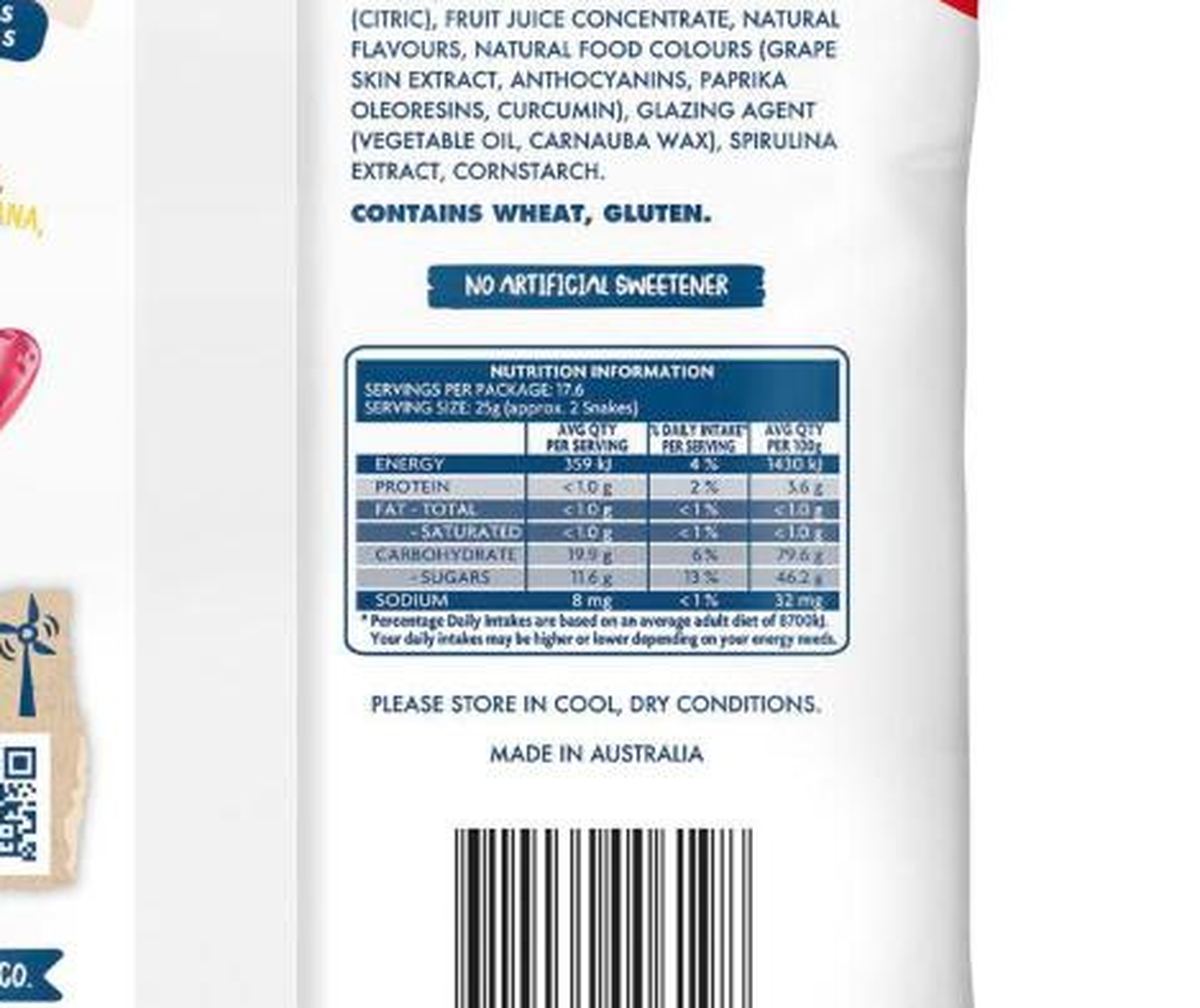 Pack photograph of The Natural Confectionery Co. Snakes Lollies 440g showing the printed nutrition panel