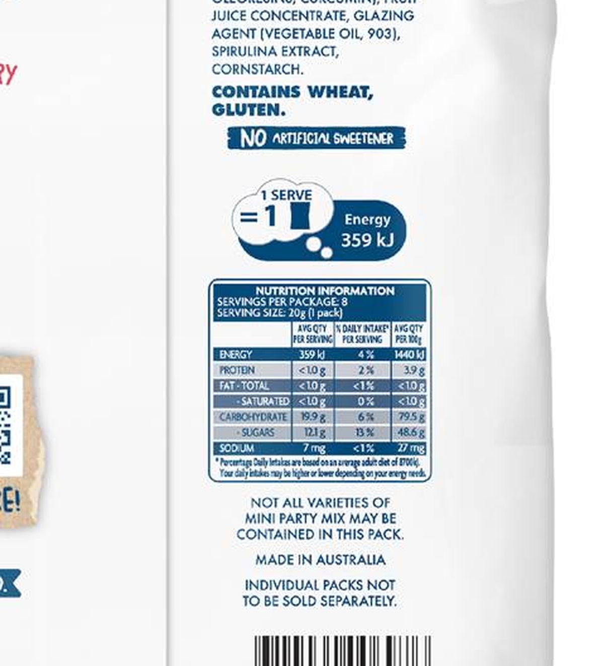 Pack photograph of The Natural Confectionery Co. Mini Party Mix Bags 160g 8 pack showing the printed nutrition panel