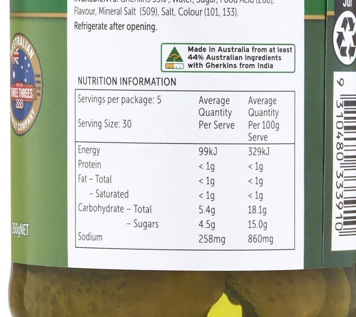 Pack photograph of Three Threes Gherkins Sweet Spiced 260g showing the printed nutrition panel