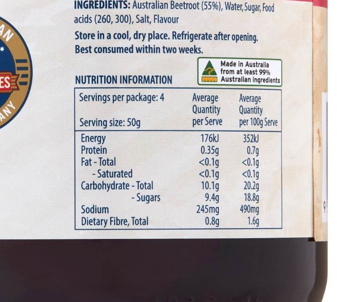 Pack photograph of Three Threes Sweet Whole Baby Beetroot 415g showing the printed nutrition panel