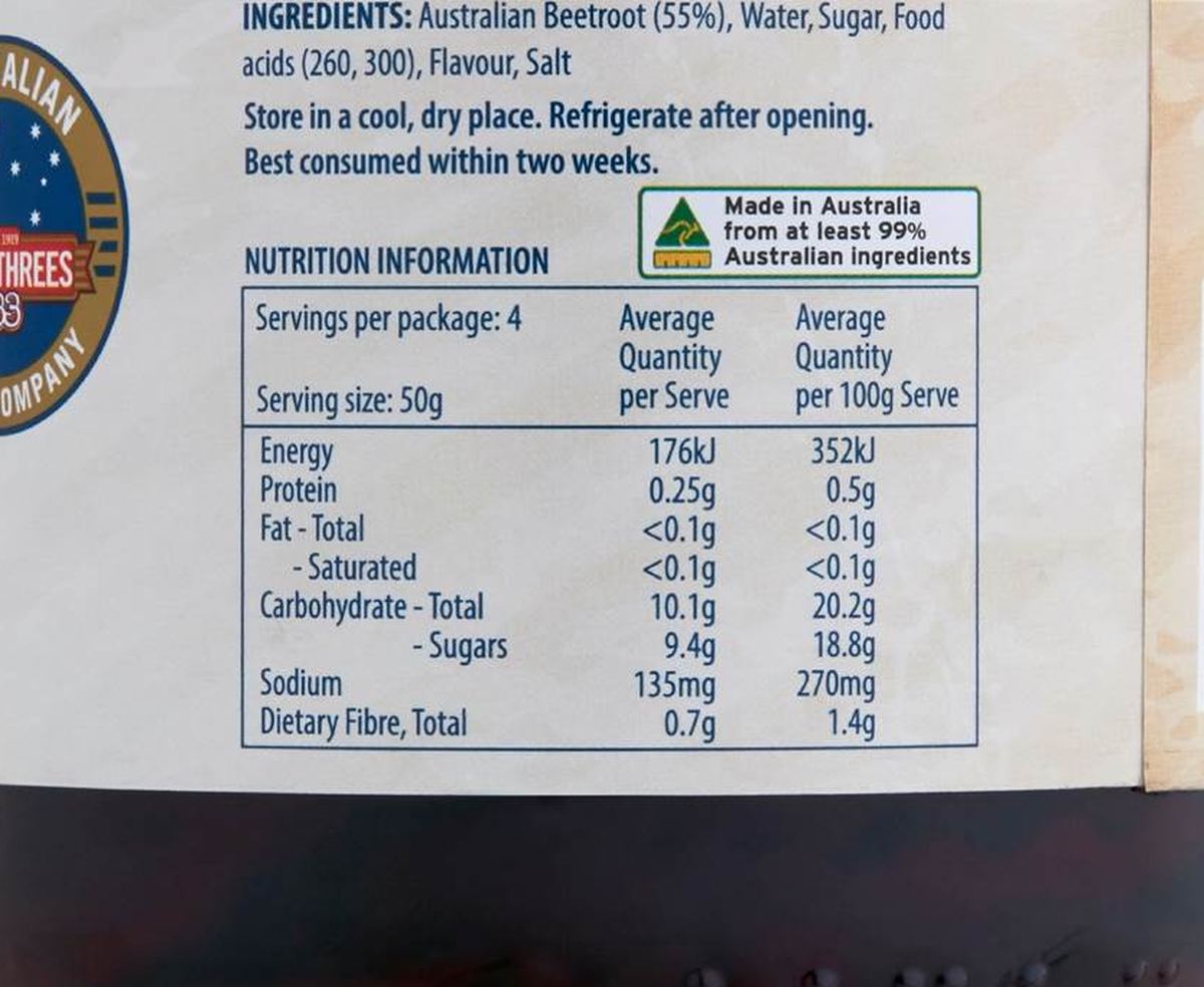 Pack photograph of Three Threes Sweet Sliced Beetroot 415g showing the printed nutrition panel