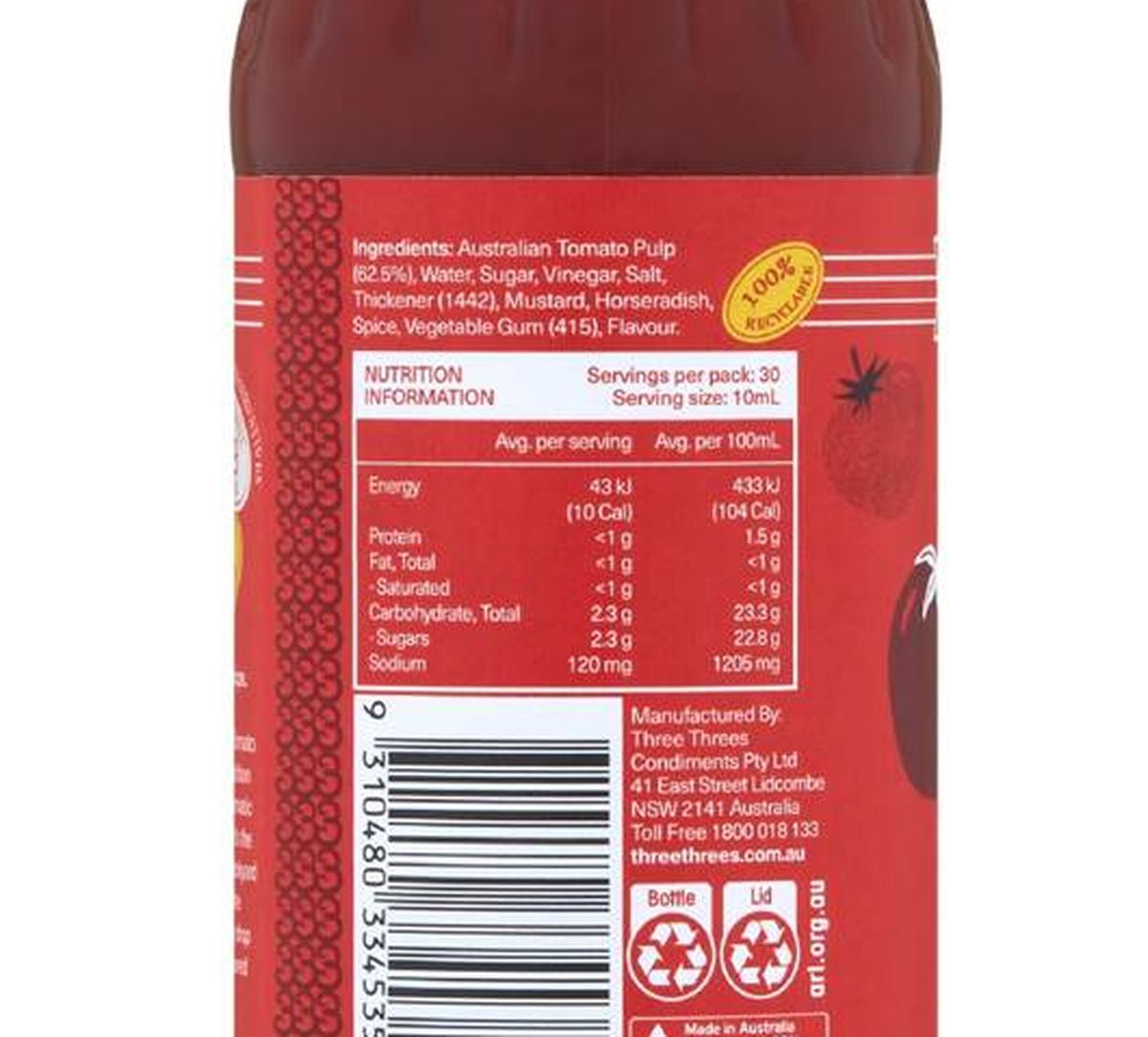 Pack photograph of Three Threes Tomato Sauce 300mL showing the printed nutrition panel
