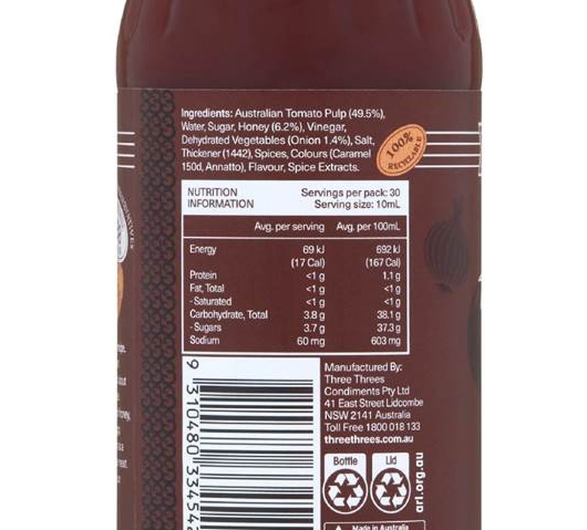 Pack photograph of Three Threes BBQ Sauce 300mL showing the printed nutrition panel